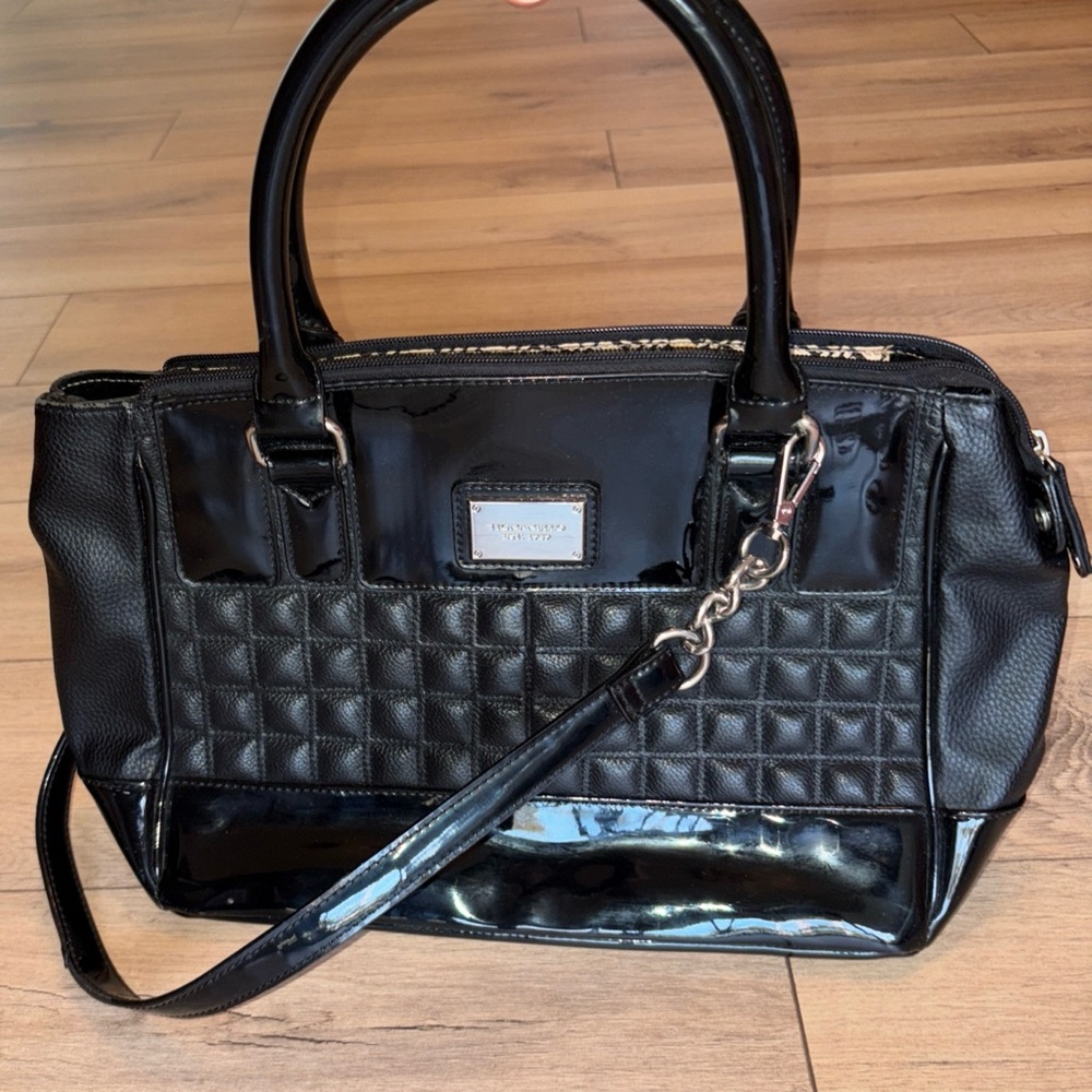 Tignanello Black Leather Purse Patent Pebbled Quilted Double Handle Shoulder Bag